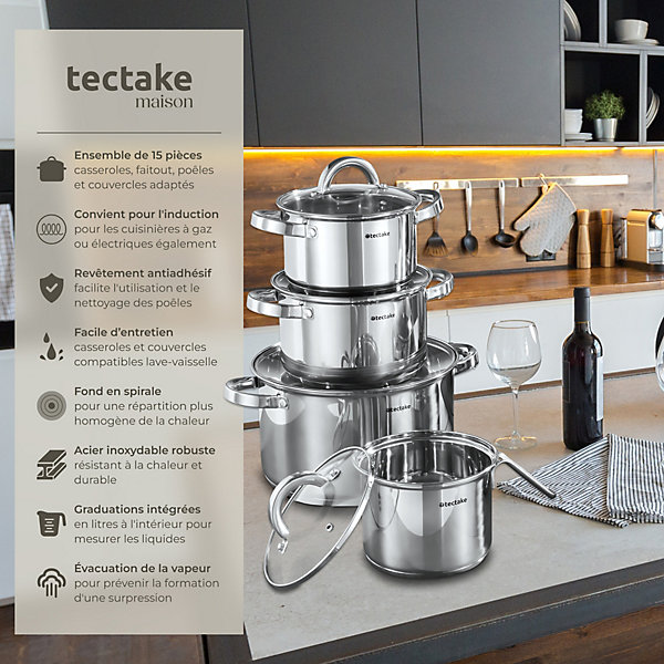 Batterie de cuisine 15 pièces en acier inoxydable pour induction