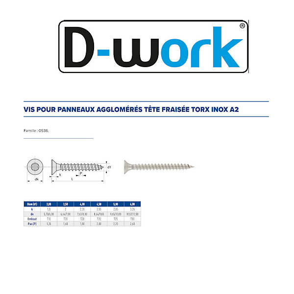 200 Vis Bois Tête Fraisée Torx T25 5 x 25 mm - Inox A2 - D-Work