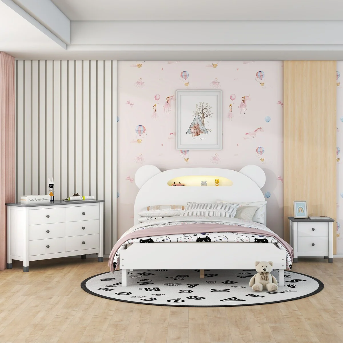 3-Pieces, Full Size Bear-Shape Platform Bed with Nightstand and Dresser