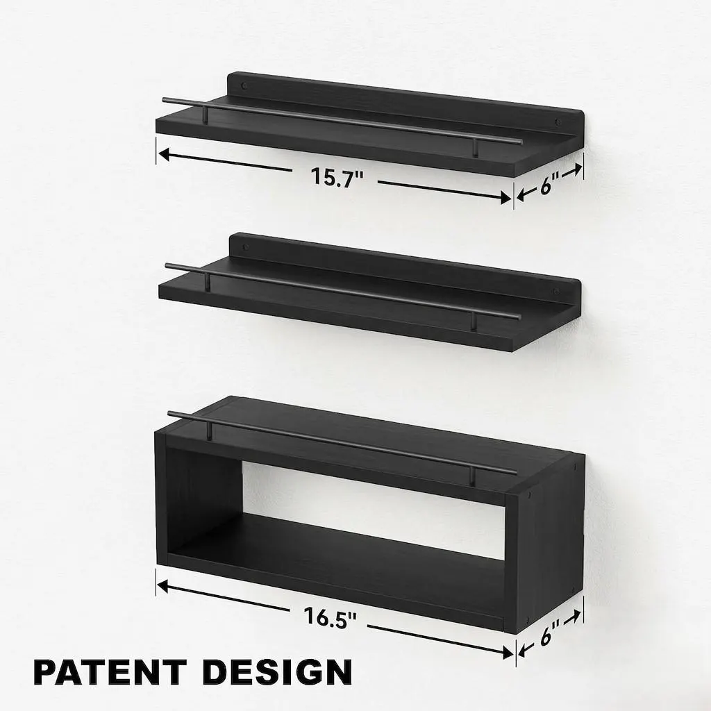 Modern Black Floating Shelves, Engineered Wood & Iron, Bathroom Storage (3-Piece Set)
