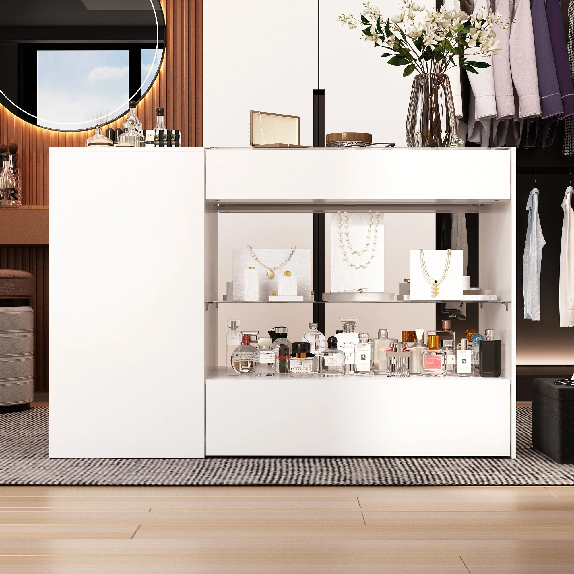 Glass-Top Closet Organizer White Dressing Island Ample Storage Dresser