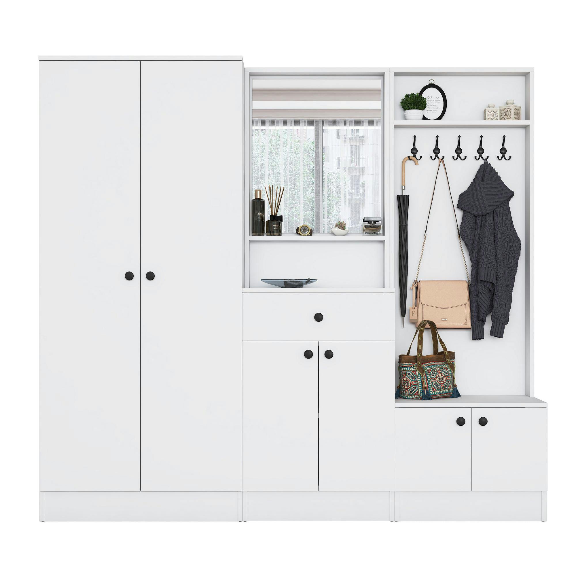 Vestiaire d'entrée blanc, miroir et meuble à chaussures MARFA