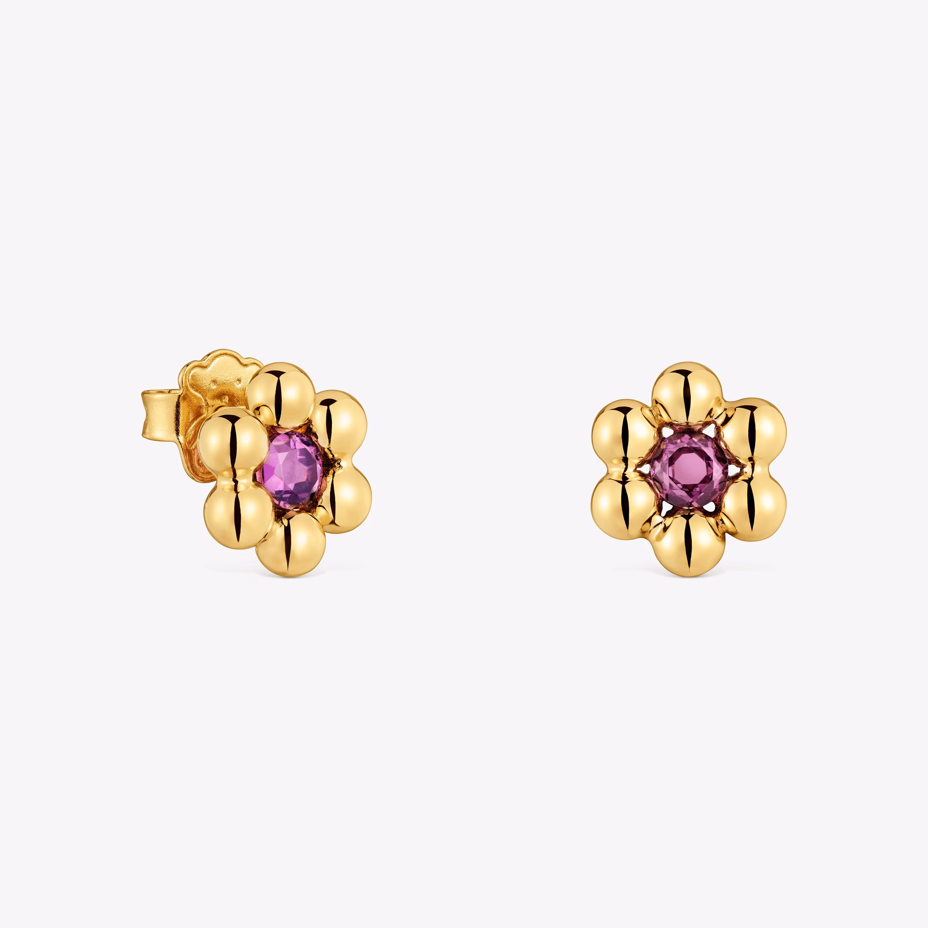 Pendientes cortos flor con baño de oro 18 kt sobre plata y rodolita Sugar Party