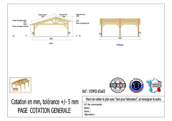 Carport 2 pentes faitage décalé, 650cm x 650cm,Pin DOUGLAS Français(Charpente en bois-auvent-abri voiture)42 m².Garantie 10 ans