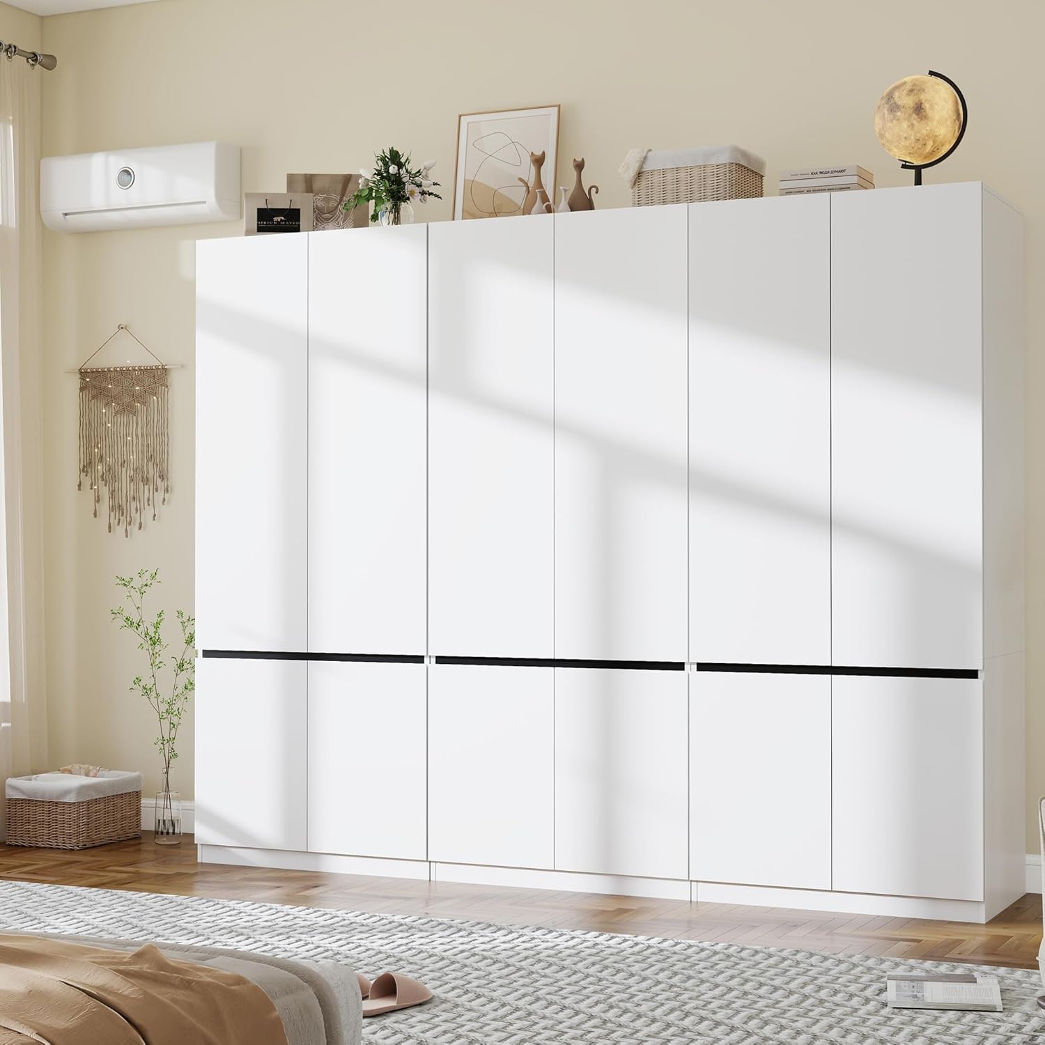 White Armoire Wardrobe Closet: 74 Wooden Wardrobe Closet with 6 Doors, Bedroom Armoires with Hanging Rod, Tall Closets Cabinet for Hanging Clothes (94.5)
