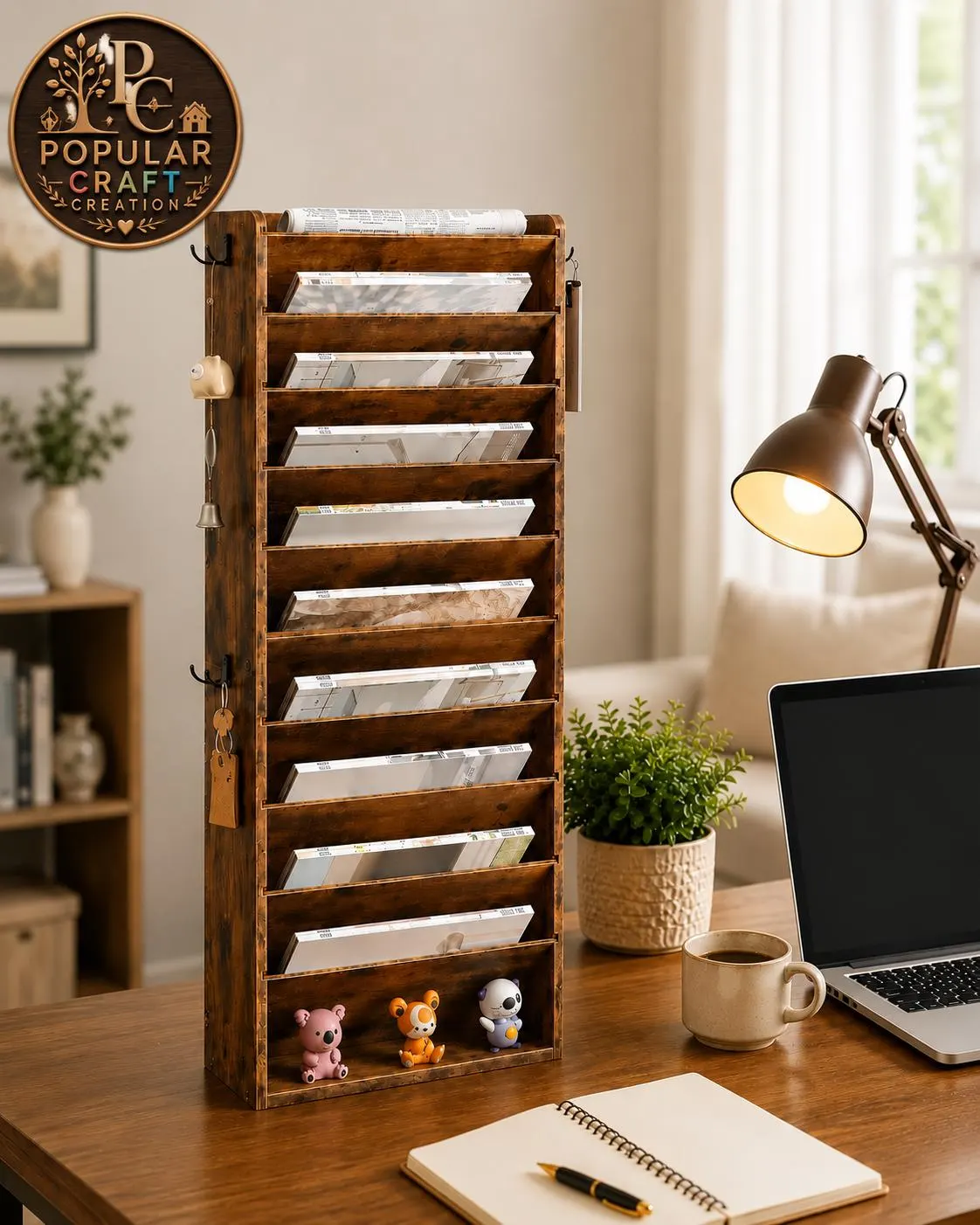 Wooden wall-mounted file rack, 10-tiered storage box, magazine rack with hooks