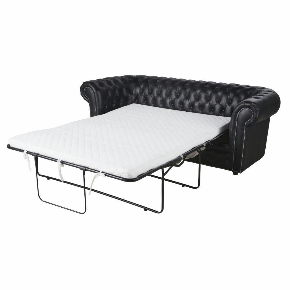 Chesterfield - Canapé-lit 3 places en cuir noir