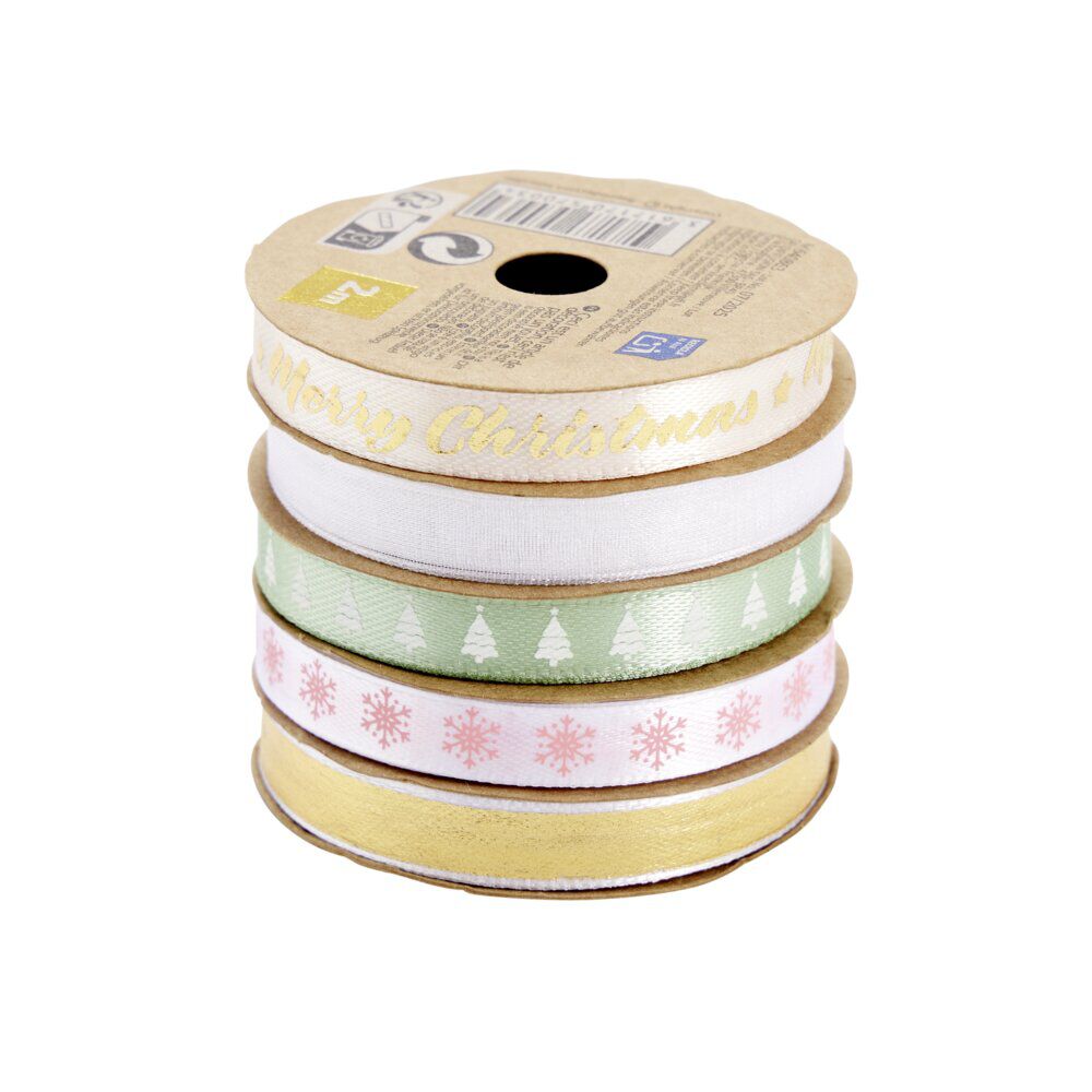 Ruban No&euml;l x5 en tissu thème pastel 2m