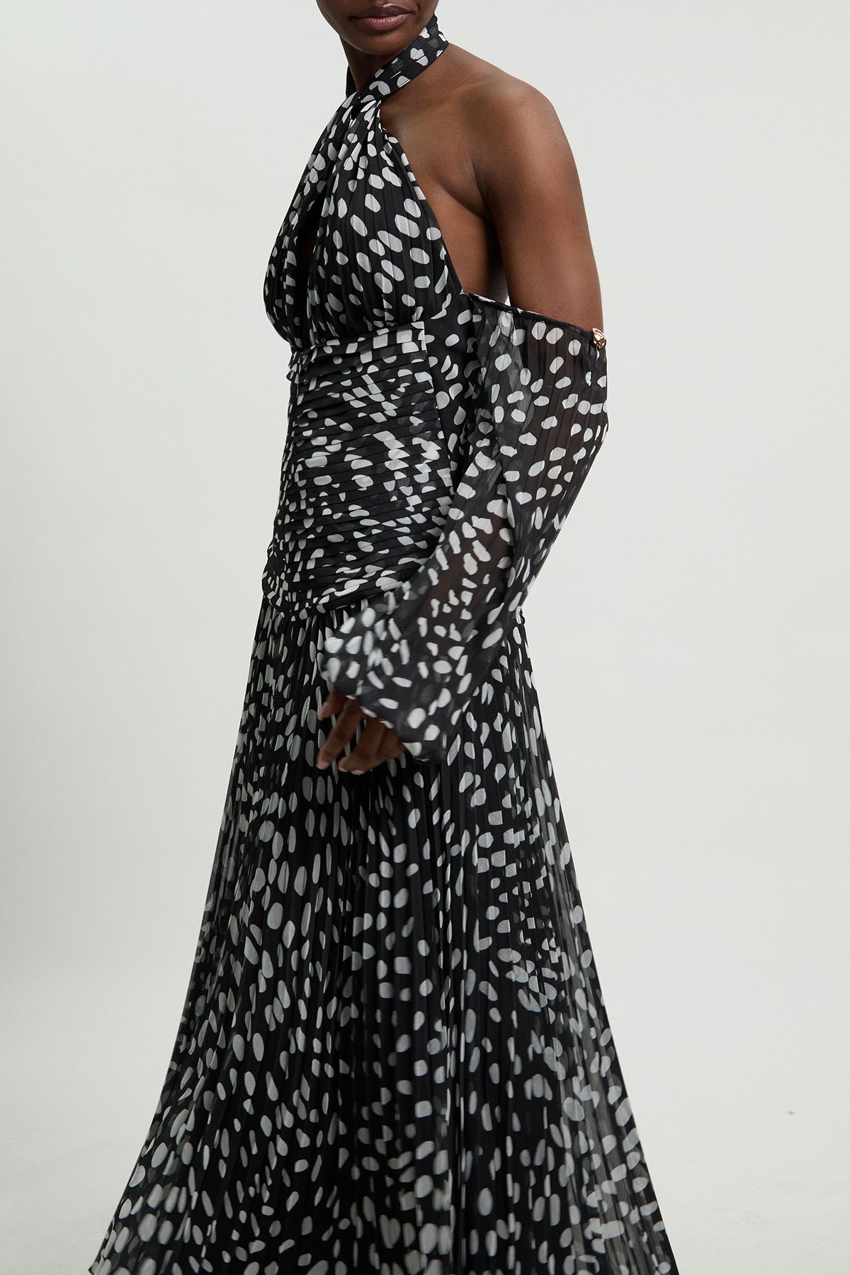 KarenMillen Polka Dot Crinkle Cold Shoulder Georgette Woven Maxi Dress