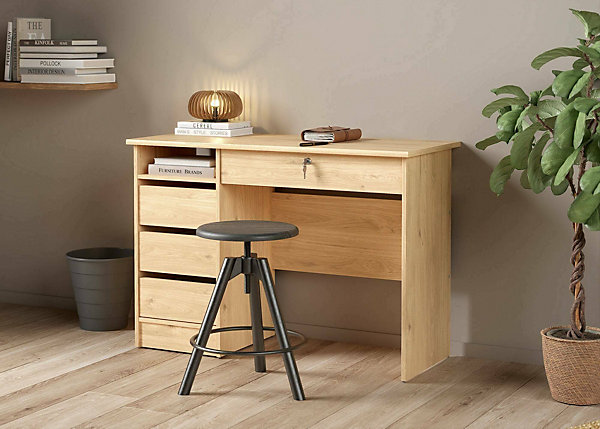 Bureau Franklin, Pupitre polyvalent, Table de bureau pour PC, Plan de travail, 109x49 h76 cm, Chêne clair