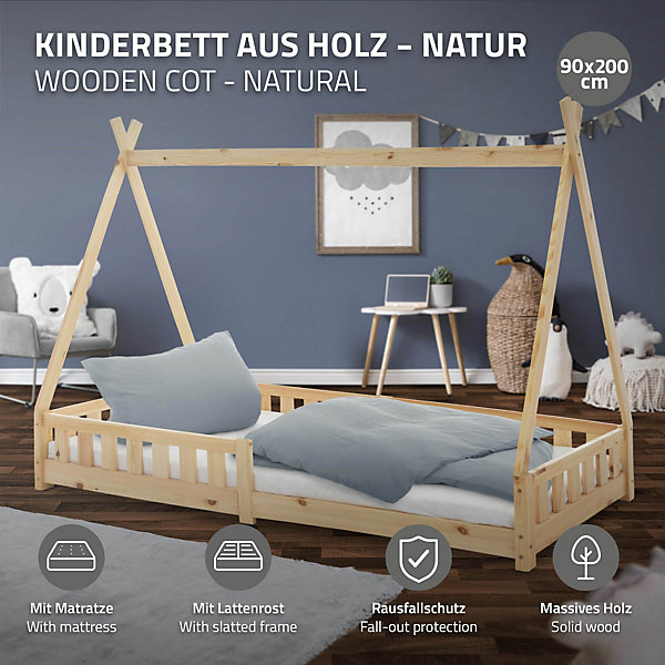 Lit d'enfant ML-Design Tipi 90x200 cm naturel en bois de pin massif style indien avec matelas H:16cm