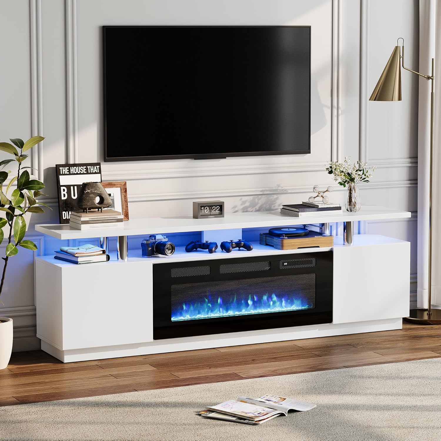 Led Fireplace TV Stand 70 in, Modern Electric Fireplace TV Stand with Cabinets, 2 Tier TVStand with 36 in Fireplaces, Entertainment Center with Fireplaces for TVs Up to 80
