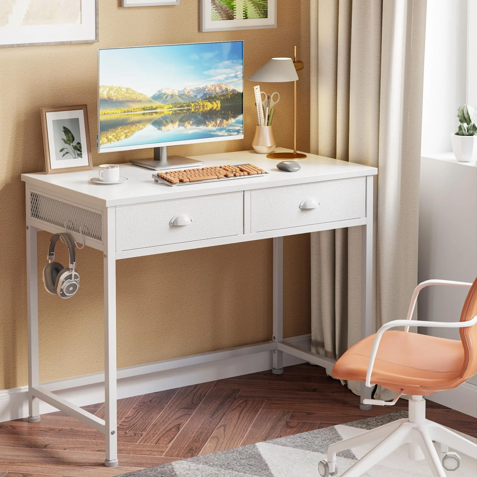 White 36 Inch Small Computer Desk with 2 Fabric Drawers Study Writing Vanity Table for Home Office Bedroom