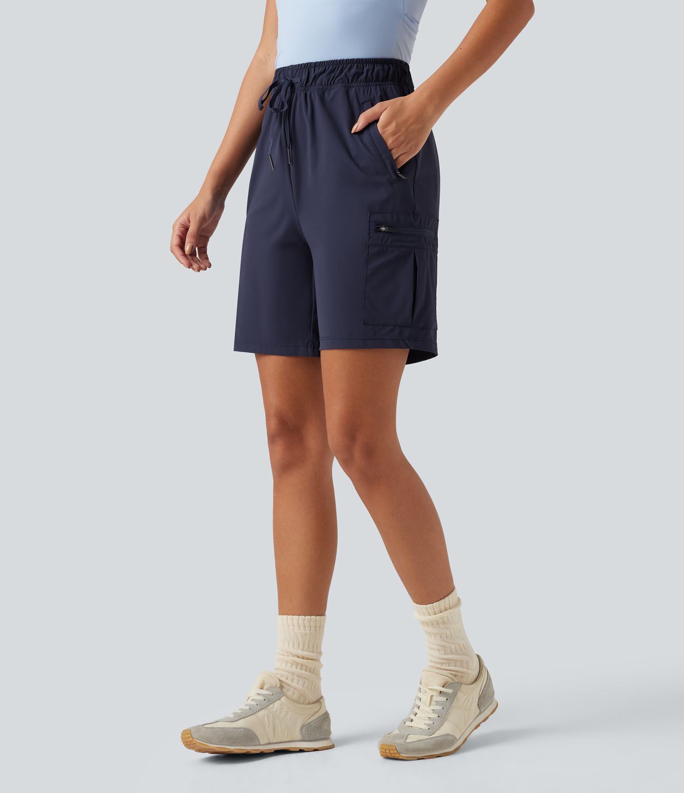 Bermuda cargo décontracté taille haute à cordon de serrage, séchage rapide, effet frais, protection solaire UPF 40 , 17,5 cm, avec poches