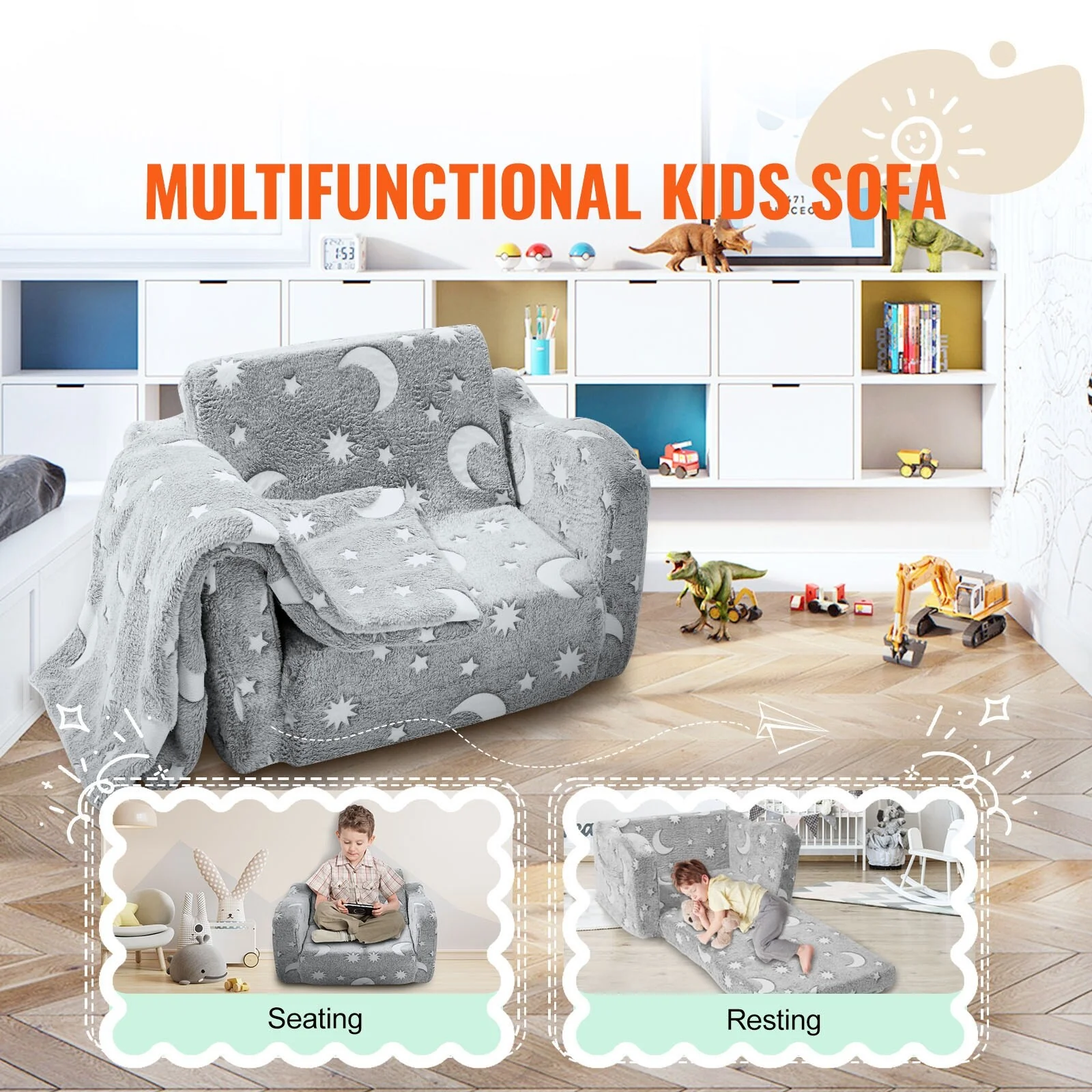 Fold-out Kids Sofa Extra Soft Flip-out Toddler Couch for Siting and Sleeping, for Bedroom and Playroom - 63.5×46×52in