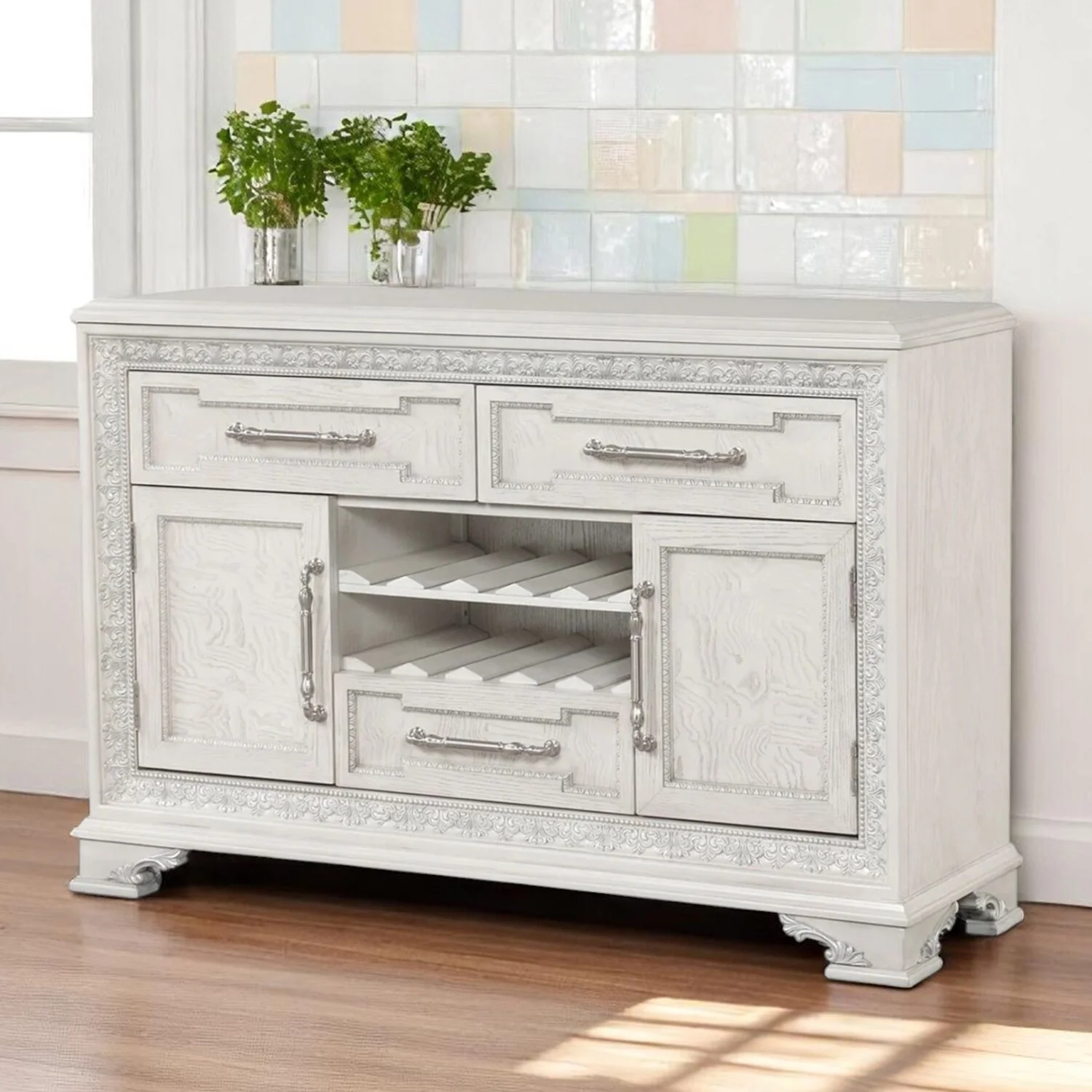 3 Drawers and 2 Doors Wooden Sideboard with Ornate Corbels in Ivory