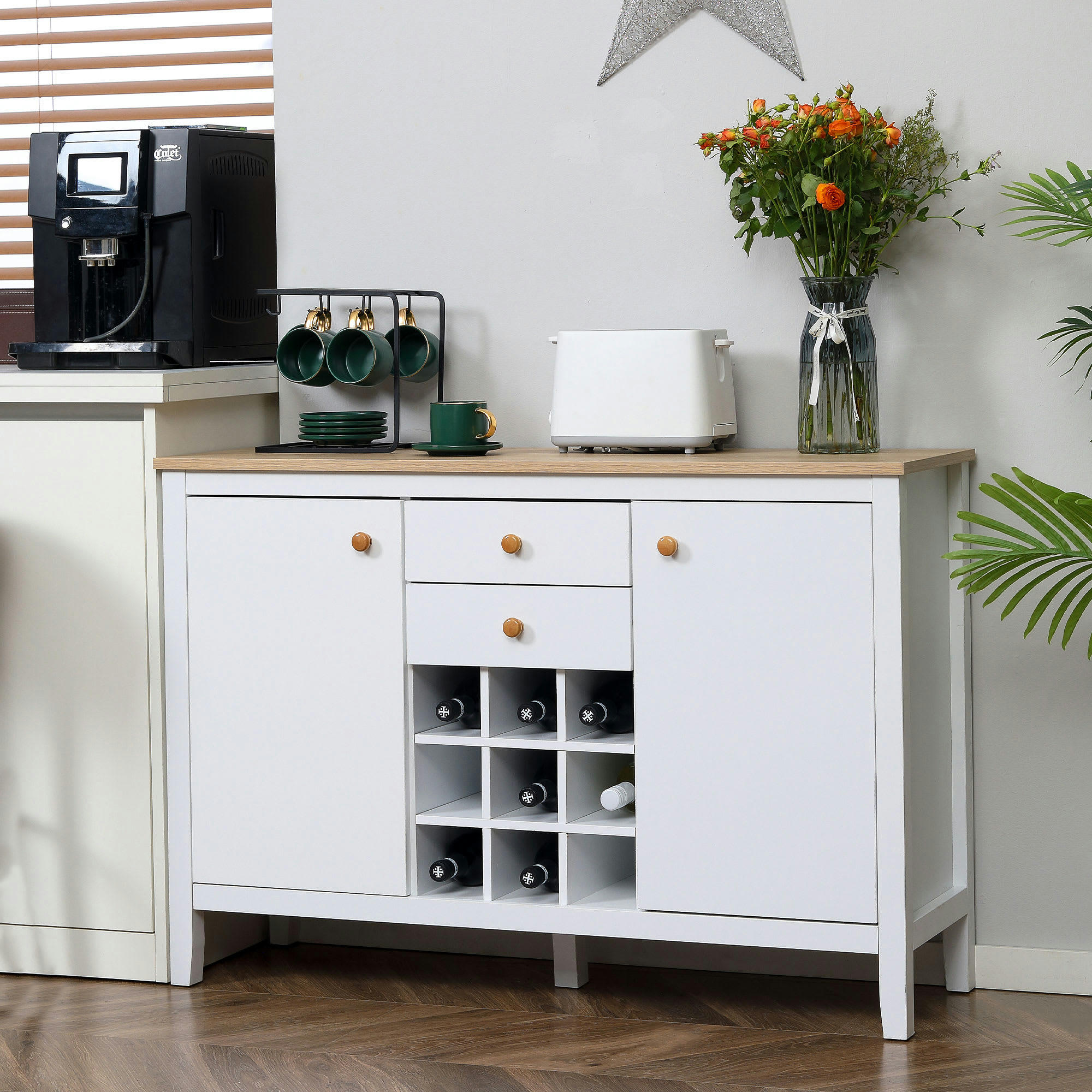 - Buffet 2 tiroirs 2 portes porte-bouteilles blanc bois clair