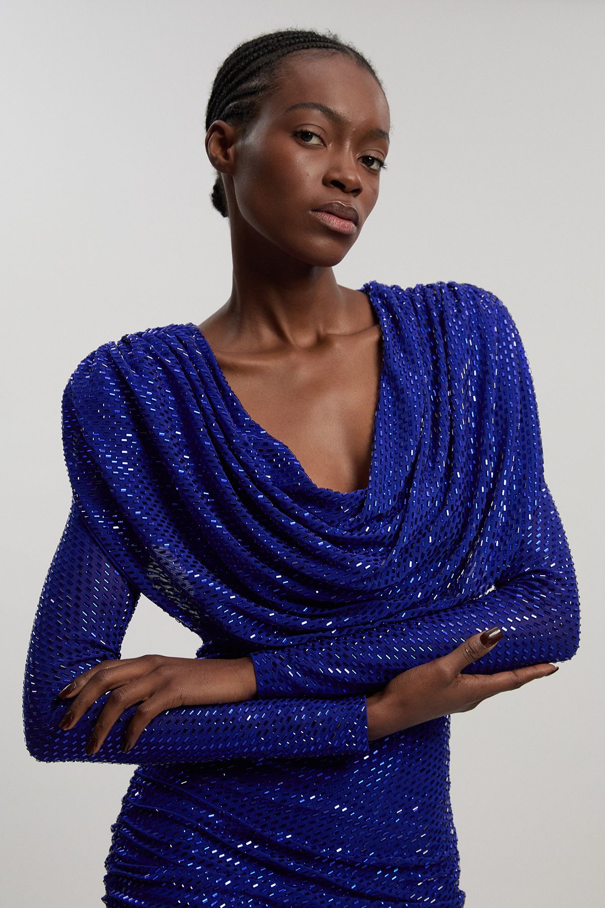 KarenMillen Premium Crystal Embellished Jersey Cowl Neck Mini Dress