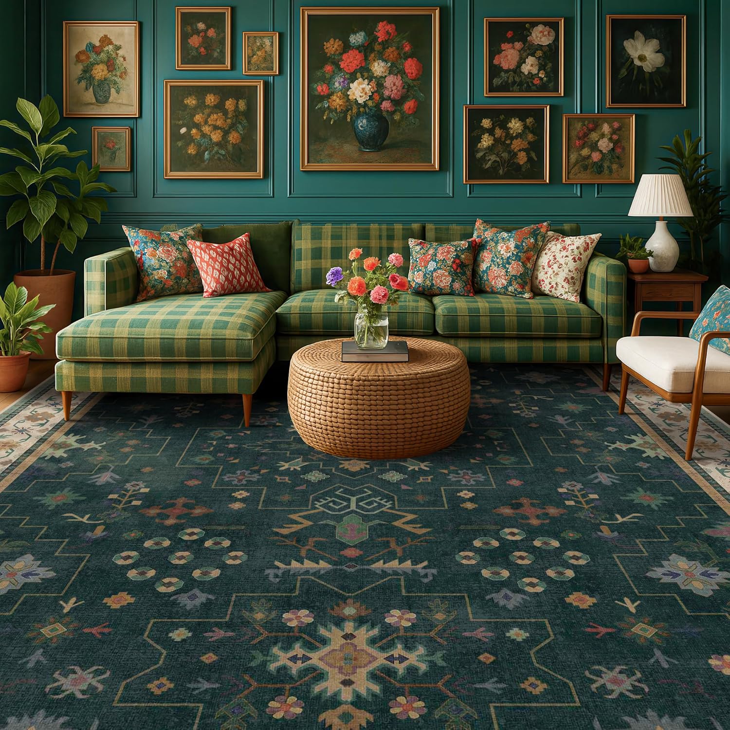 Hazo Haus Dark Green Vintage 8x10 Washable Rugs for Living Room - Dark Academia Victorian Floral Geometric Bedroom Rug, Ultra Soft Thin Low Pile Non-Slip Large Rugs for Dining Room Under Table Lounge