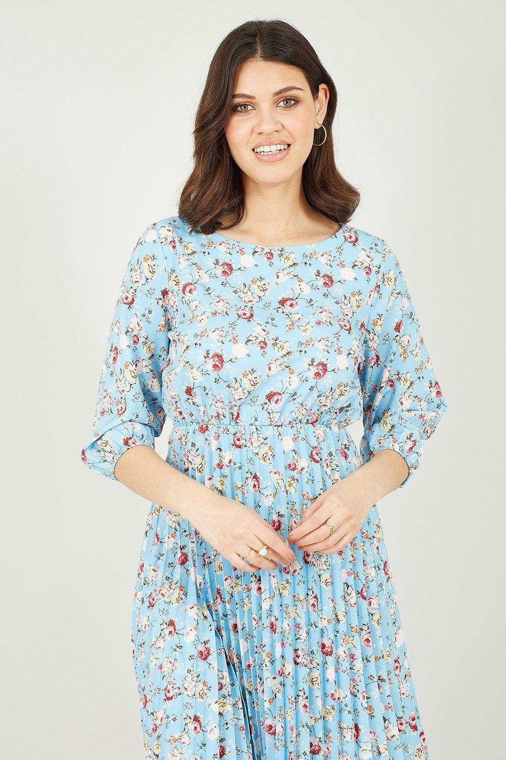 Mela Blue Mela Pleated Skirt Skater Dress With Rose Print