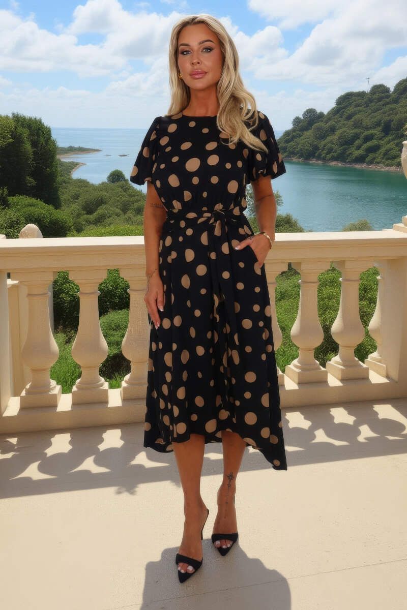 AX Paris Black And Stone Polka Dot Puff Sleeve Tie Waist Midi Dress