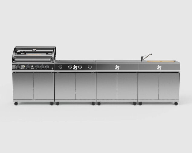 Beefmaster Deluxe 4 Burner Outdoor Kitchen with Range, Sink & Bench on Deluxe Carts