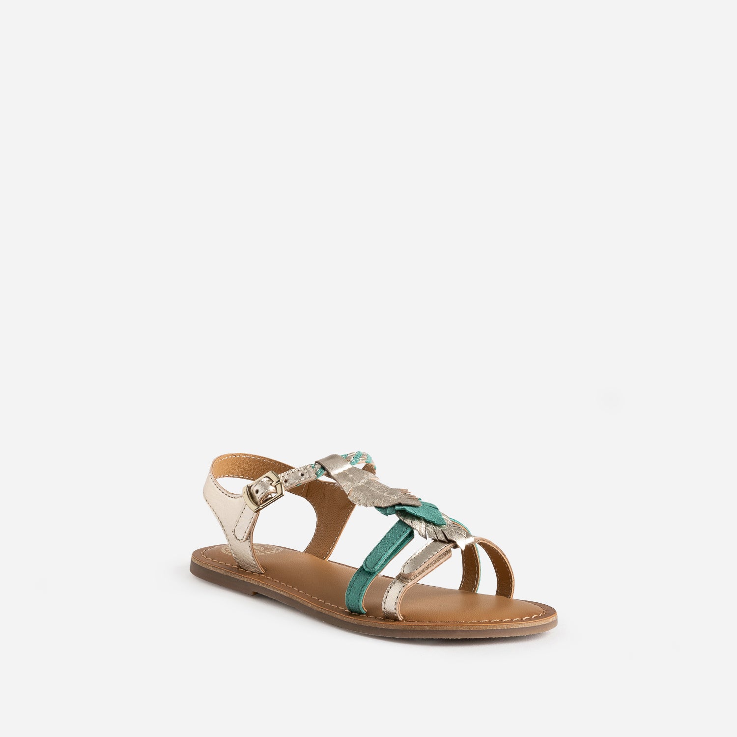 Sandale BUGGY cuir turquoise et dorée plumes