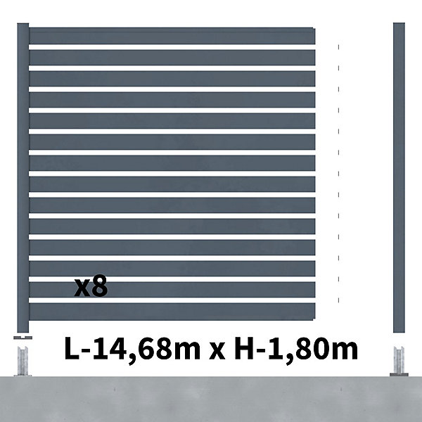 Kit Clôture Ajourée Aluminium OLINDA Anthracite 14,68x1,8m Poteaux sur Platines - Dimension des Lames : 21x100x1780 mm