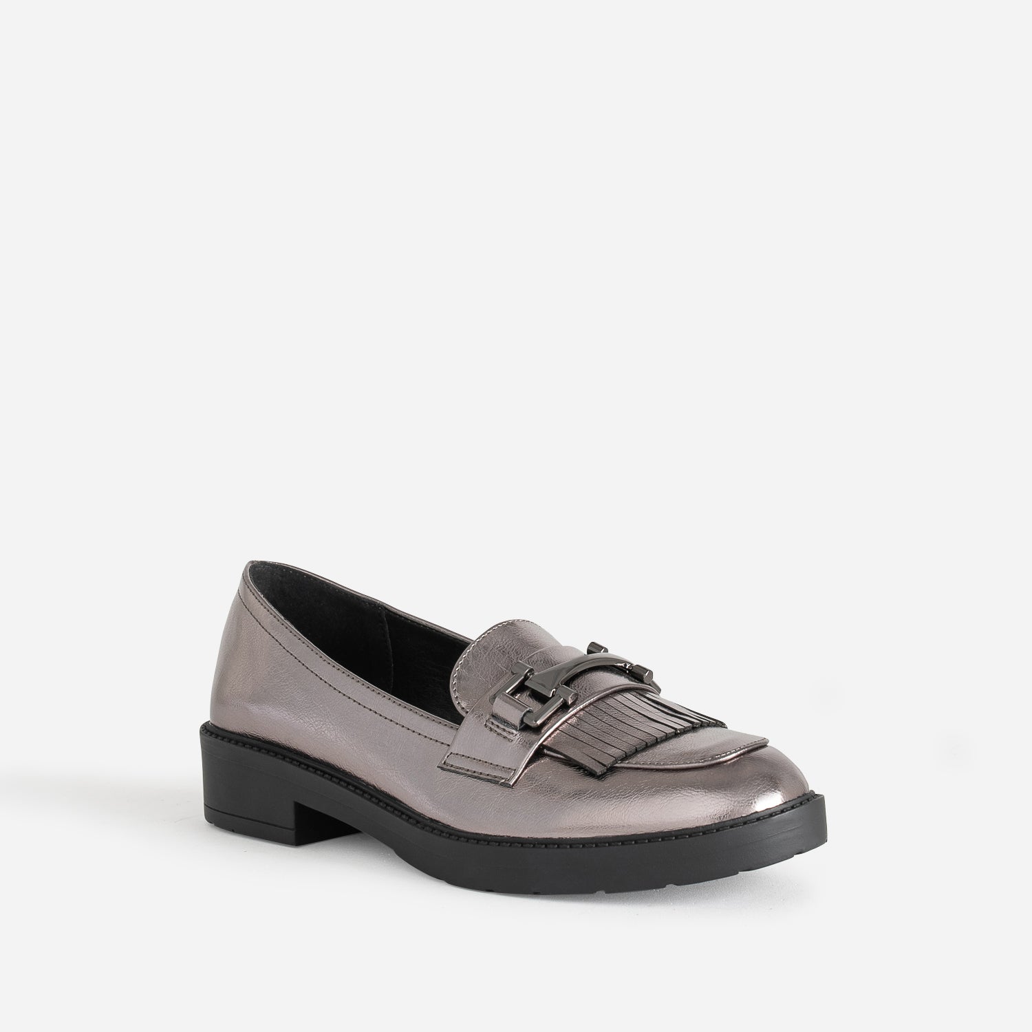 Mocassin gris foncé métallisé à franges