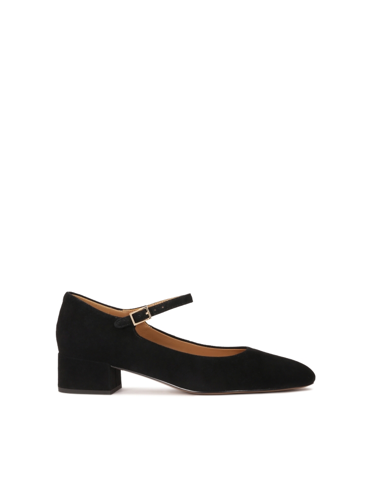 Black suede pumps with strap and low heel