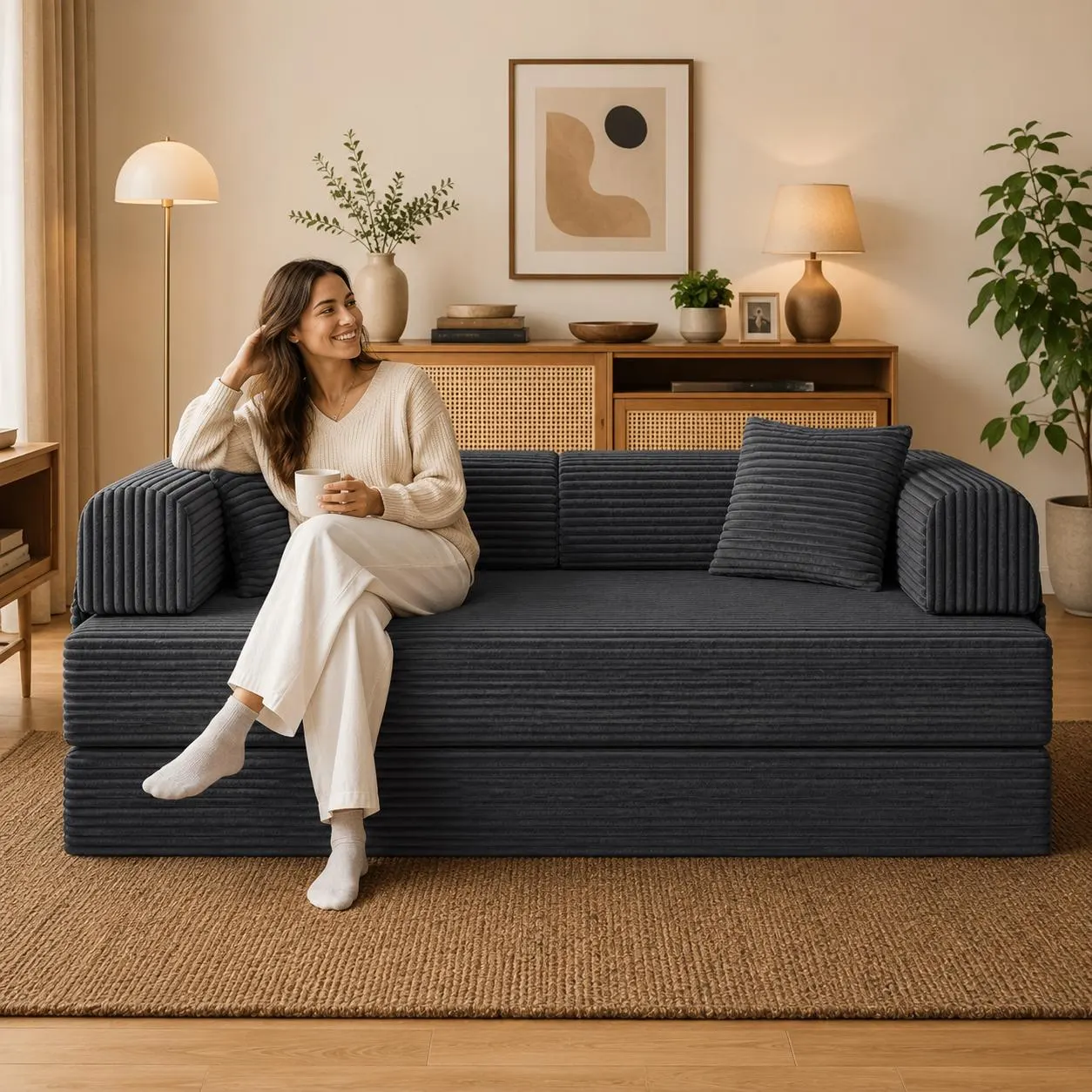 4-in-1 Convertible Sleeper Sofa Bed, Foldable Floor Couch, Corduroy Sectional Sofa, Guest Bed for Small Spaces, Modern Lounge Chair