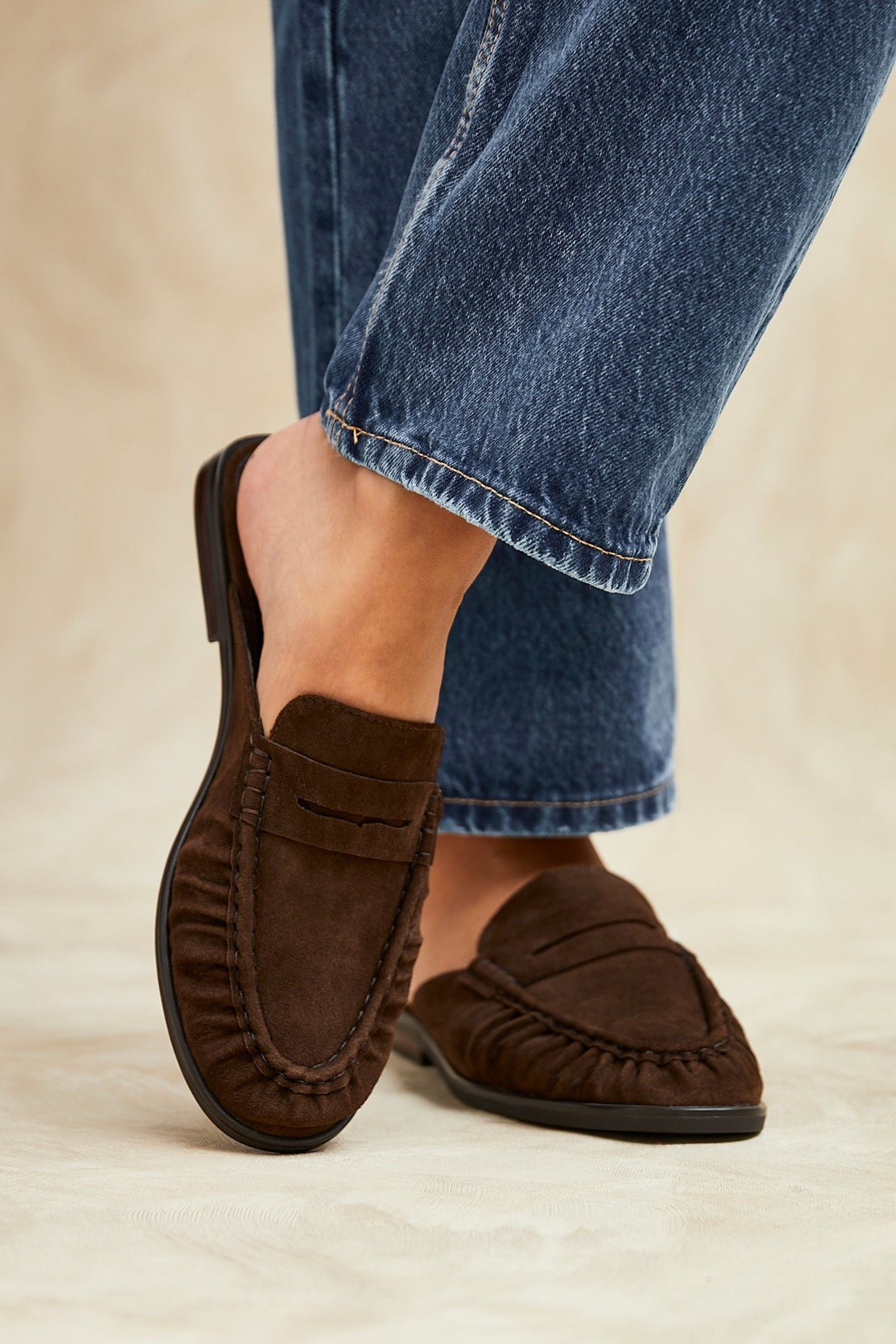 Linzi Intro Brown Suede Leather Slip On Mules