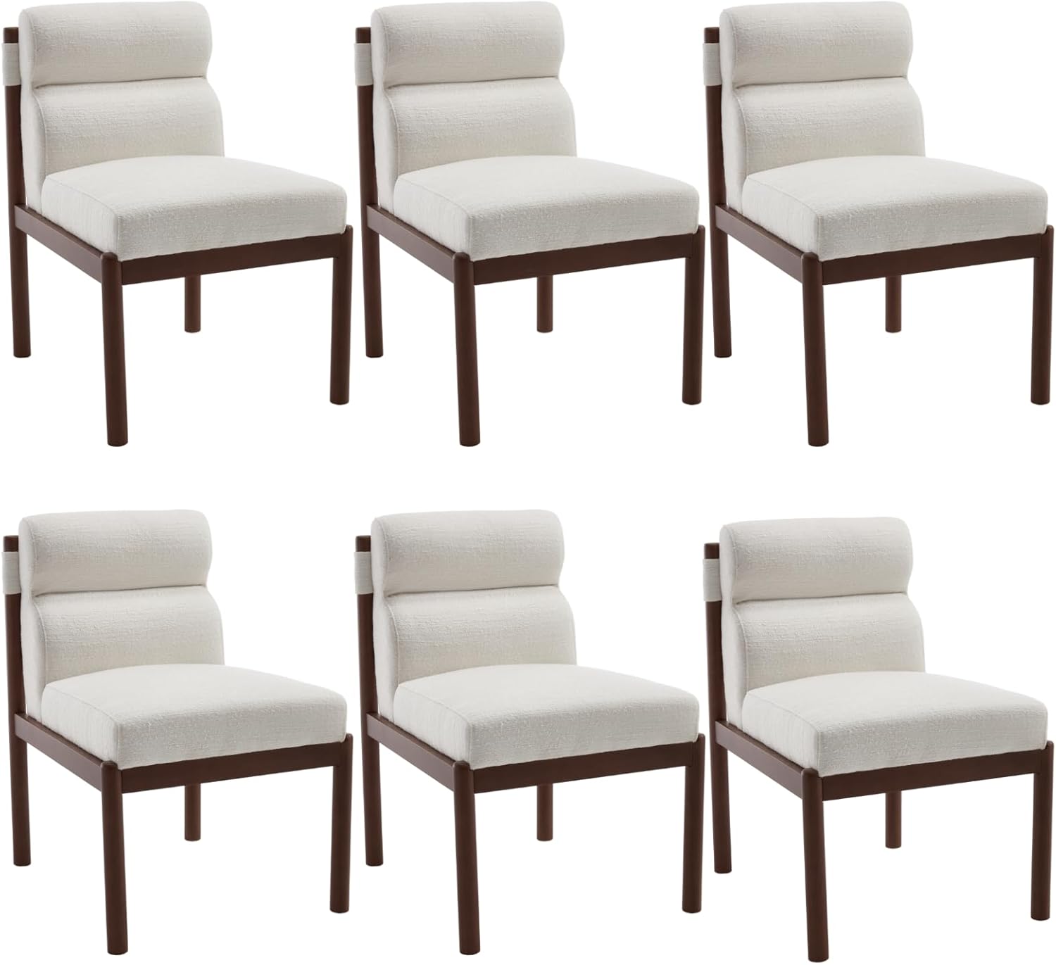 CIMOTA Modern Upholstered Dining Chairs Set of 6, Linen Fabric Kitchen & Dining Room Chairs Boucle Armless Side Chairs with Curved Backrest/Solid Wood Legs, Cream White