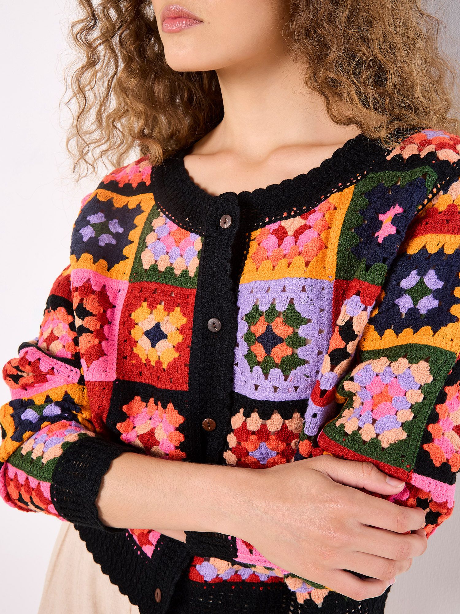 Apricot Colourful Crochet Squares Cardigan
