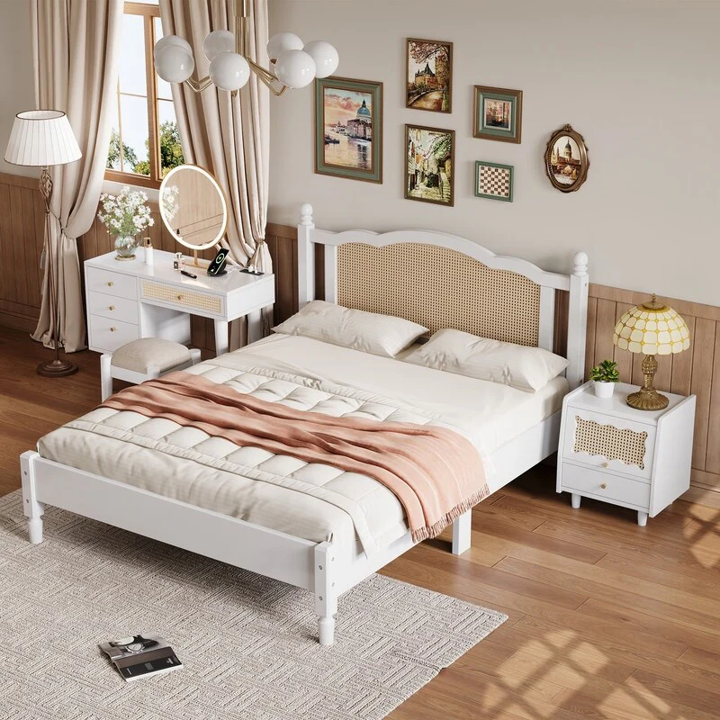 4-Piece Vintage Bedroom Set, Full/ Queen Size Wooden Platform Bed Frame, 1 Nightstand and 1 Makeup Vanity with Stool