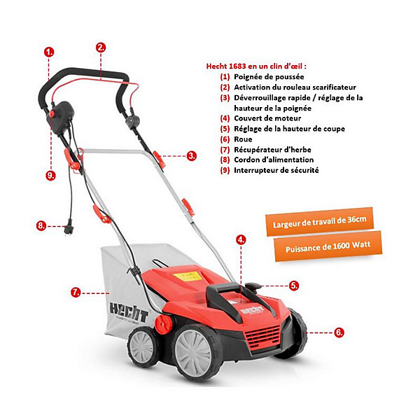 Hecht 1683 Scarificateur aérateur électrique 2en1 1600W 8 couteaux doubles