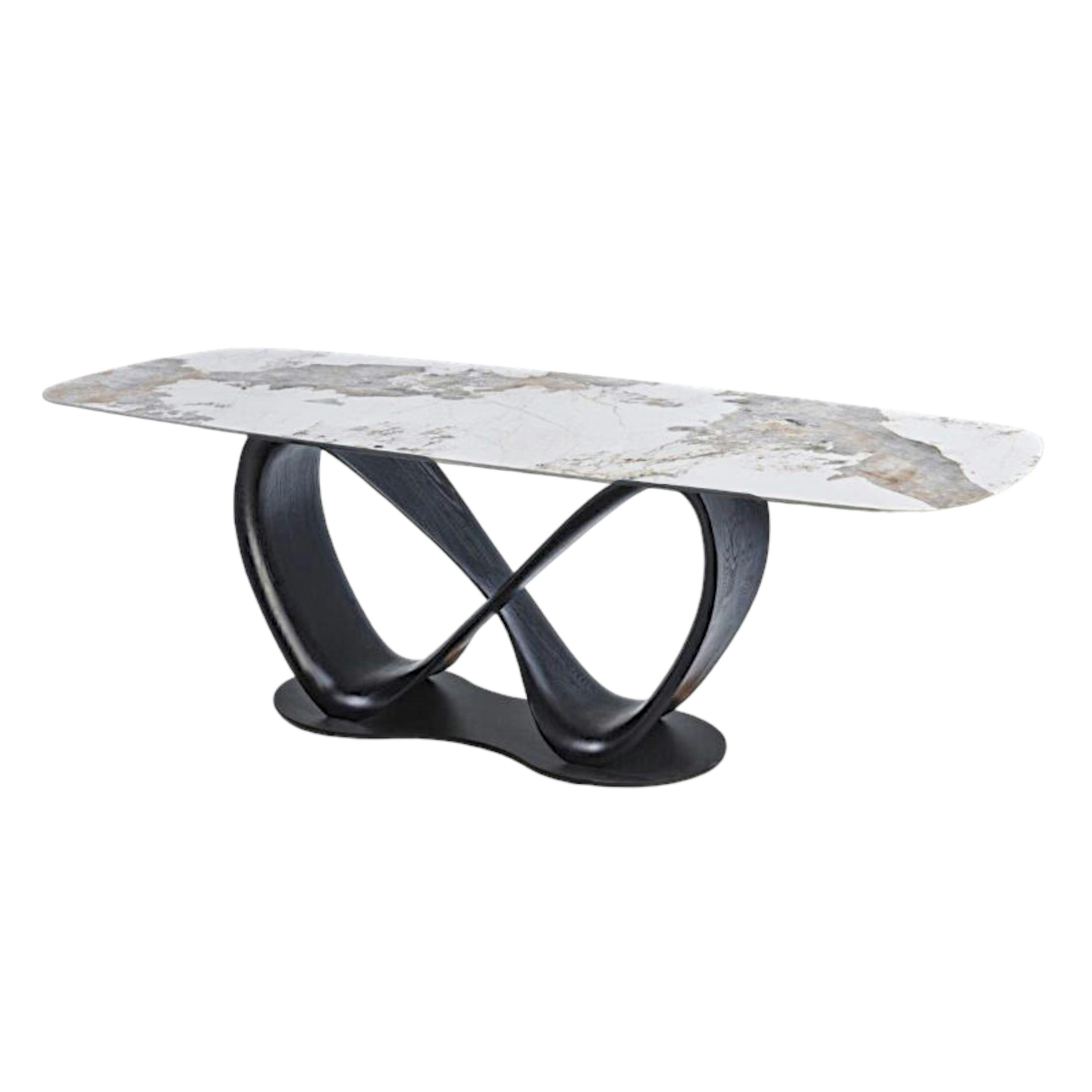 Table céramique marbrée pied ruban bois noir 260 cm ALDER