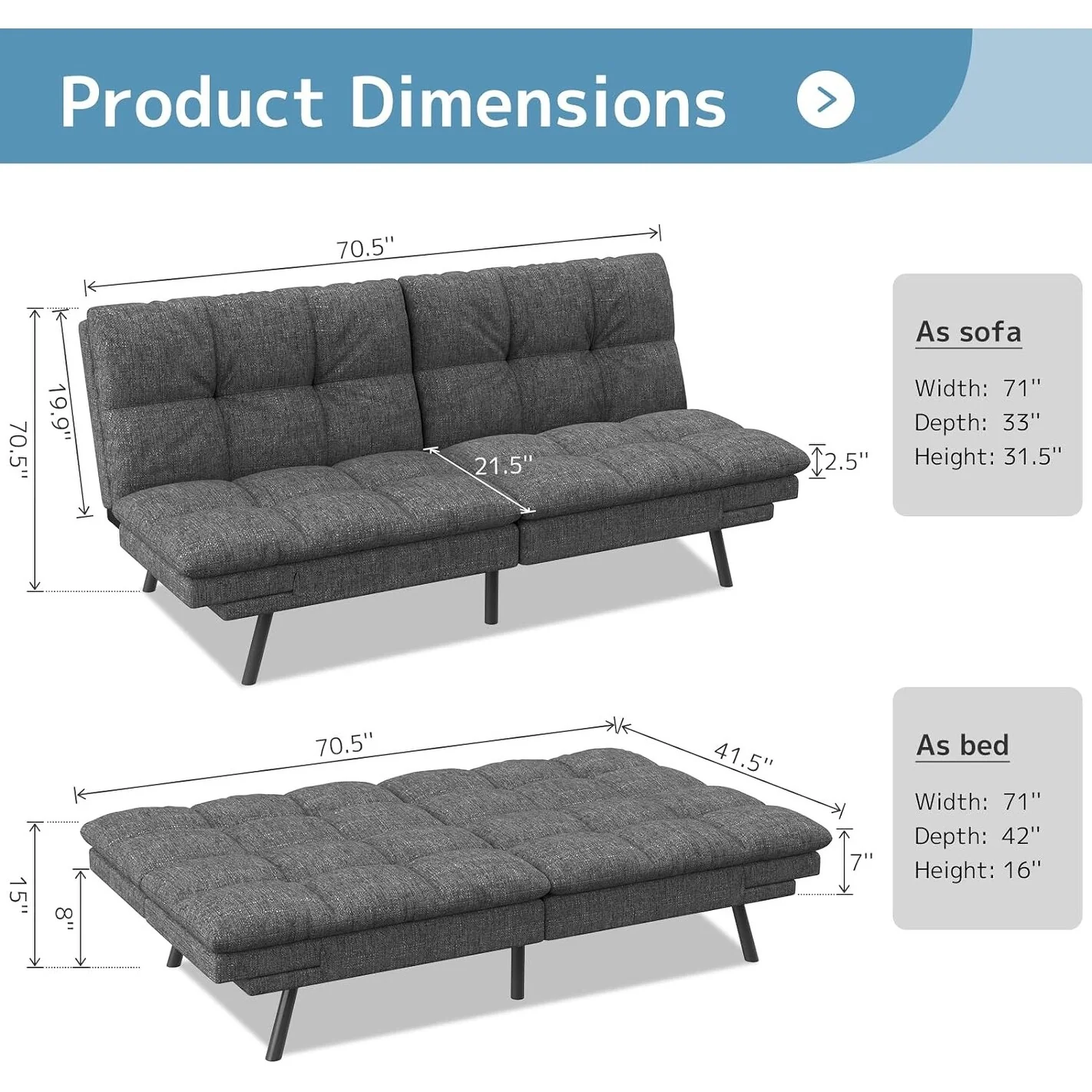 Futon Sofa Bed, Memory Foam Foldable Couch Convertible Loveseat Sleeper Daybed with Adjustable Armrests for Small Space