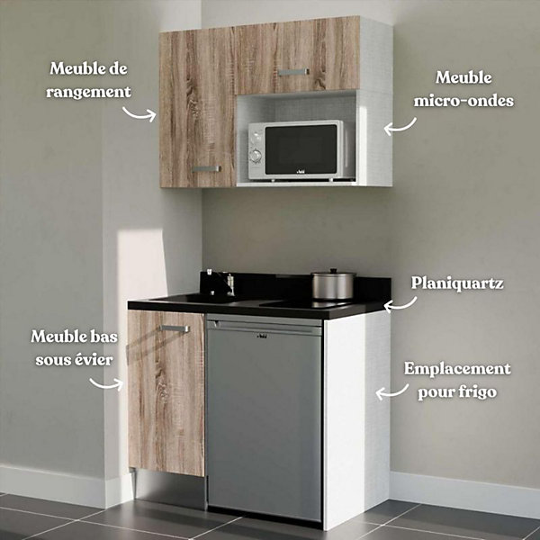 Kitchenette K00 - 100 cm - façades Bois - Plan monobloc en quartz coloris Nero évier à gauche