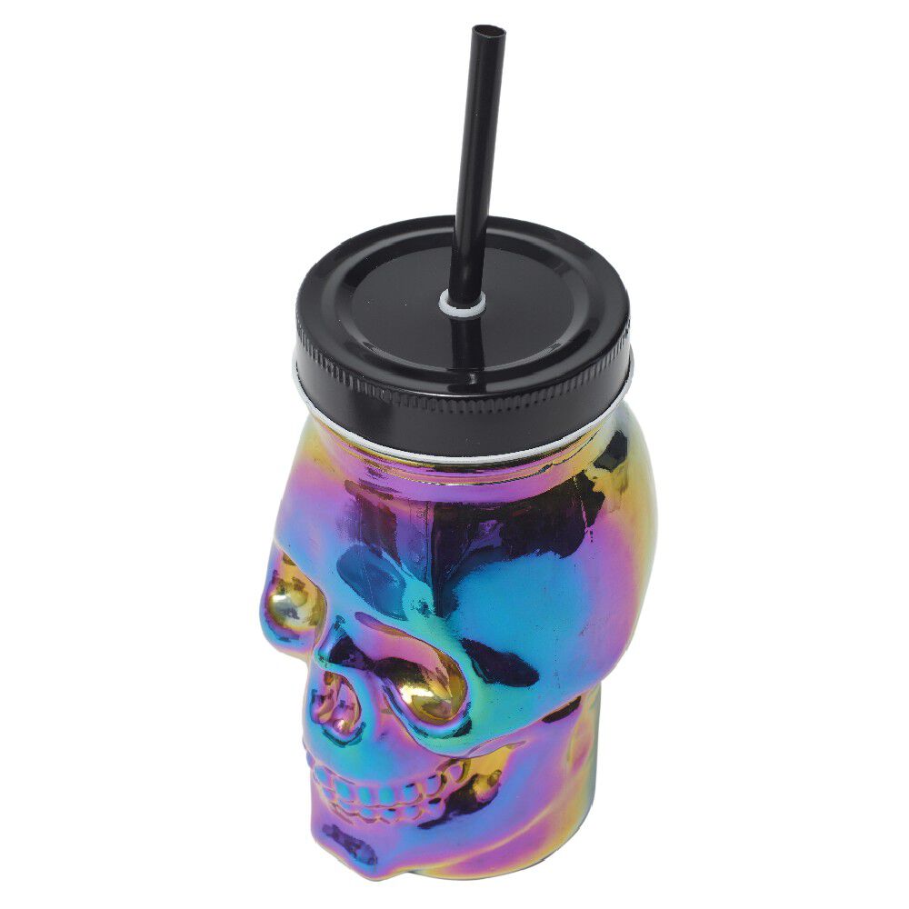 Gobelet verre forme tête de mort couvercle et paille 500 ml