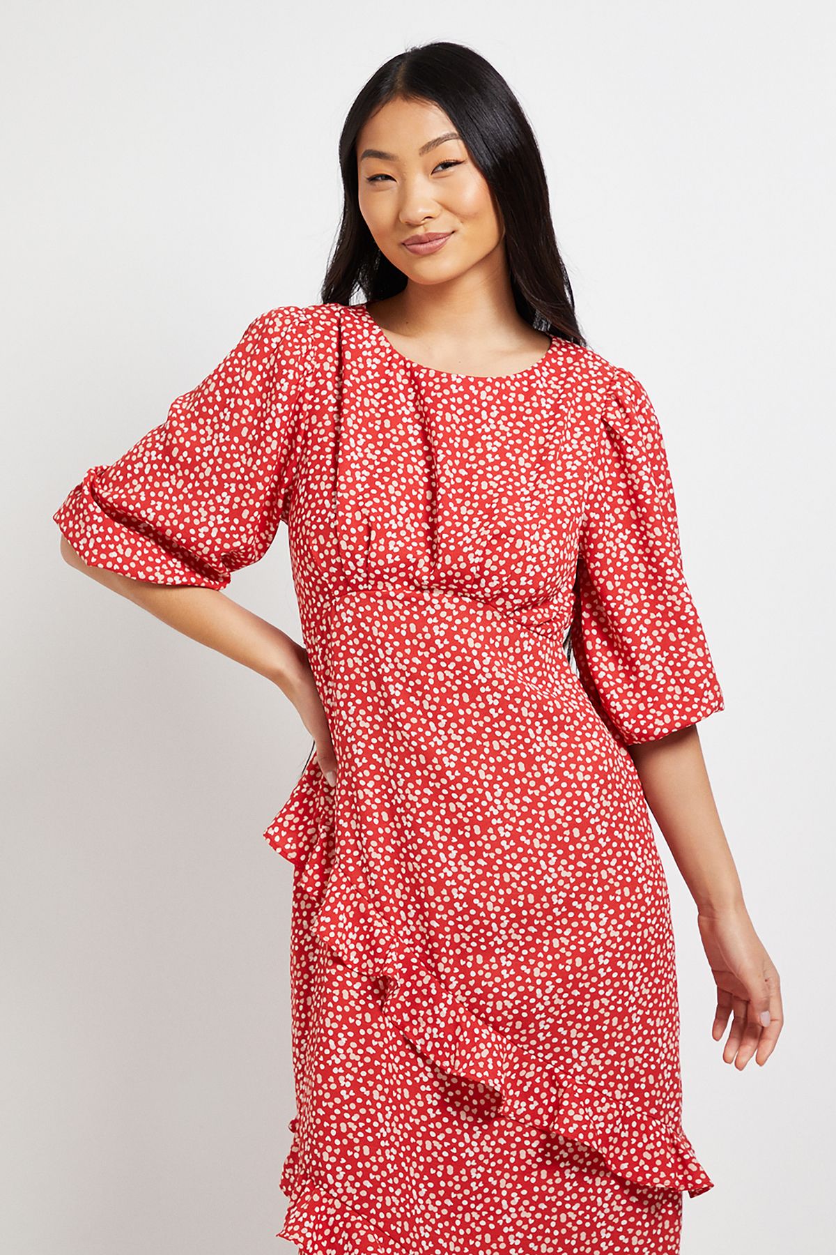 Dorothy Perkins Petite Red Heart Volume Sleeve Ruffle Detail Maxi Dress