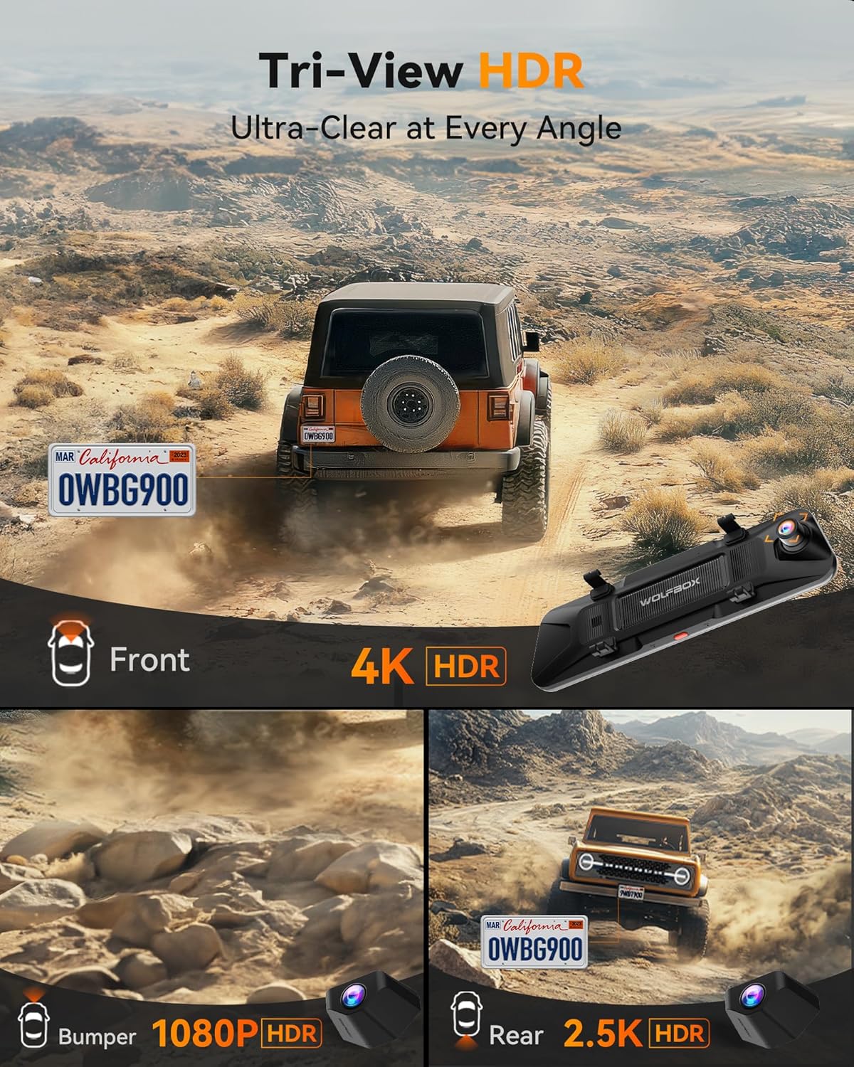 WOLFBOX G900 Tripro Bumper Version 3 Channel 4K Mirror Dash Cam  8MP STARVIS 2 IMX678 Night Vision  4K+2.5K+1080P Front and Rear Bumper Dash Cam  5.8GHz WiFi  Voice Control  Includes 256GB Card & GPS