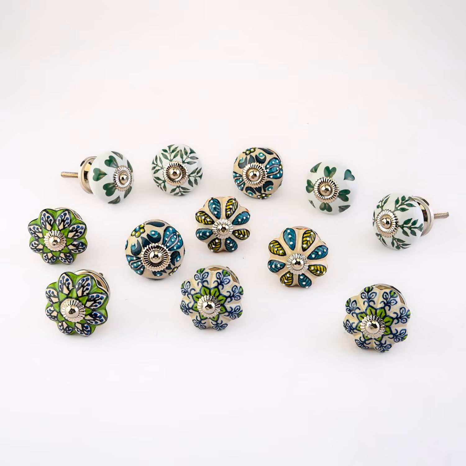 Set of 12 Ceramic Green Knobs | Vintage Garden Drawer Pulls | Hand-Painted Dresser Handles | Unique Cabinet Hardware |Cupboard Door Knob Set