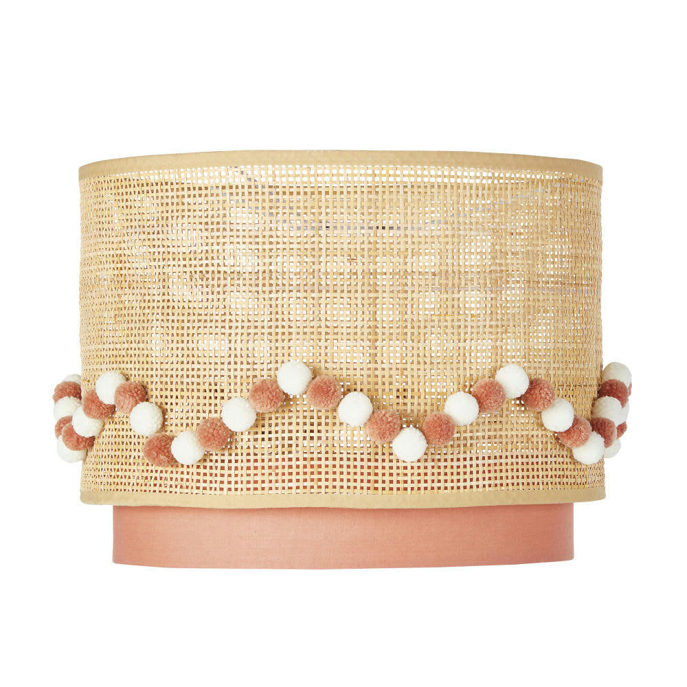 LOUNA - Abat-jour pour suspension rose cannage en rotin beige avec pompons
