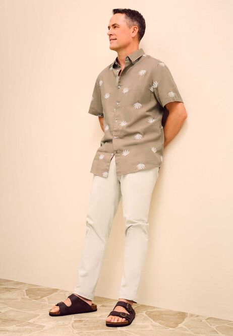 Mens Mocha Leaf Embroidered Linen Blend Shirt