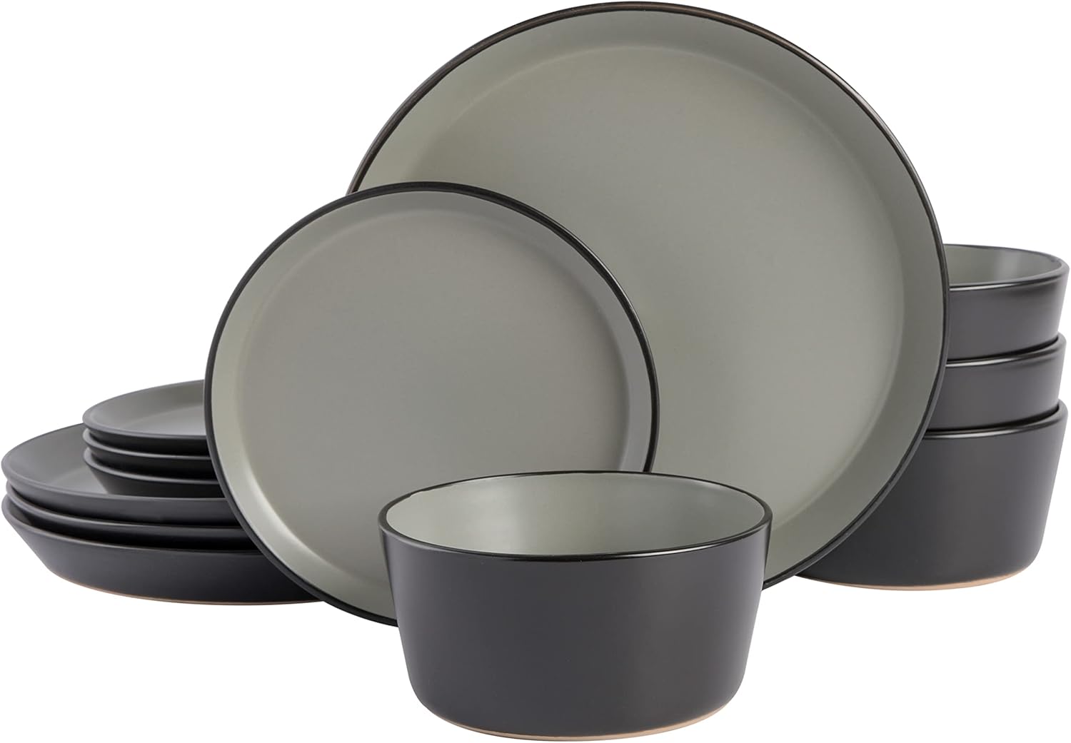 Gibson Soho Lounge Sofia Coupe 12-Piece Stoneware Dinnerware Set, Service for 4 – Grey Plates and Bowls