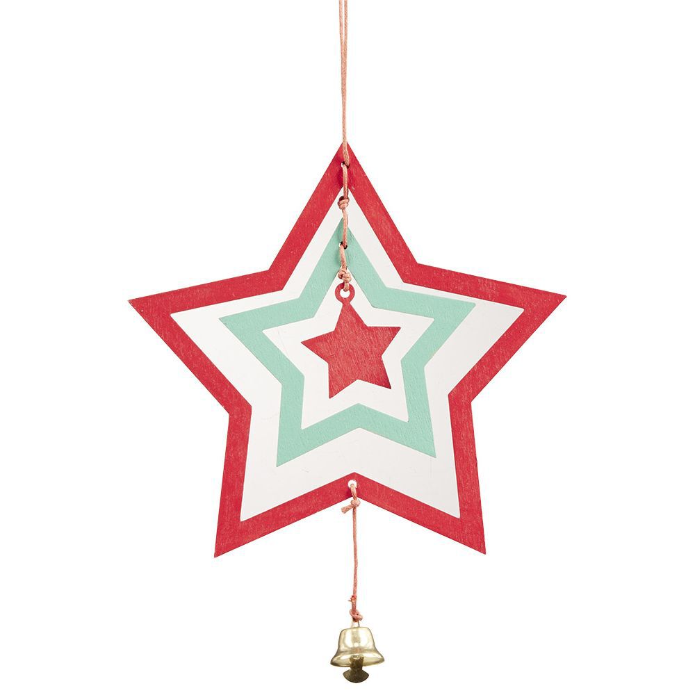 Décoration de No&euml;l bois 3D forme étoile rouge et verte avec clochette