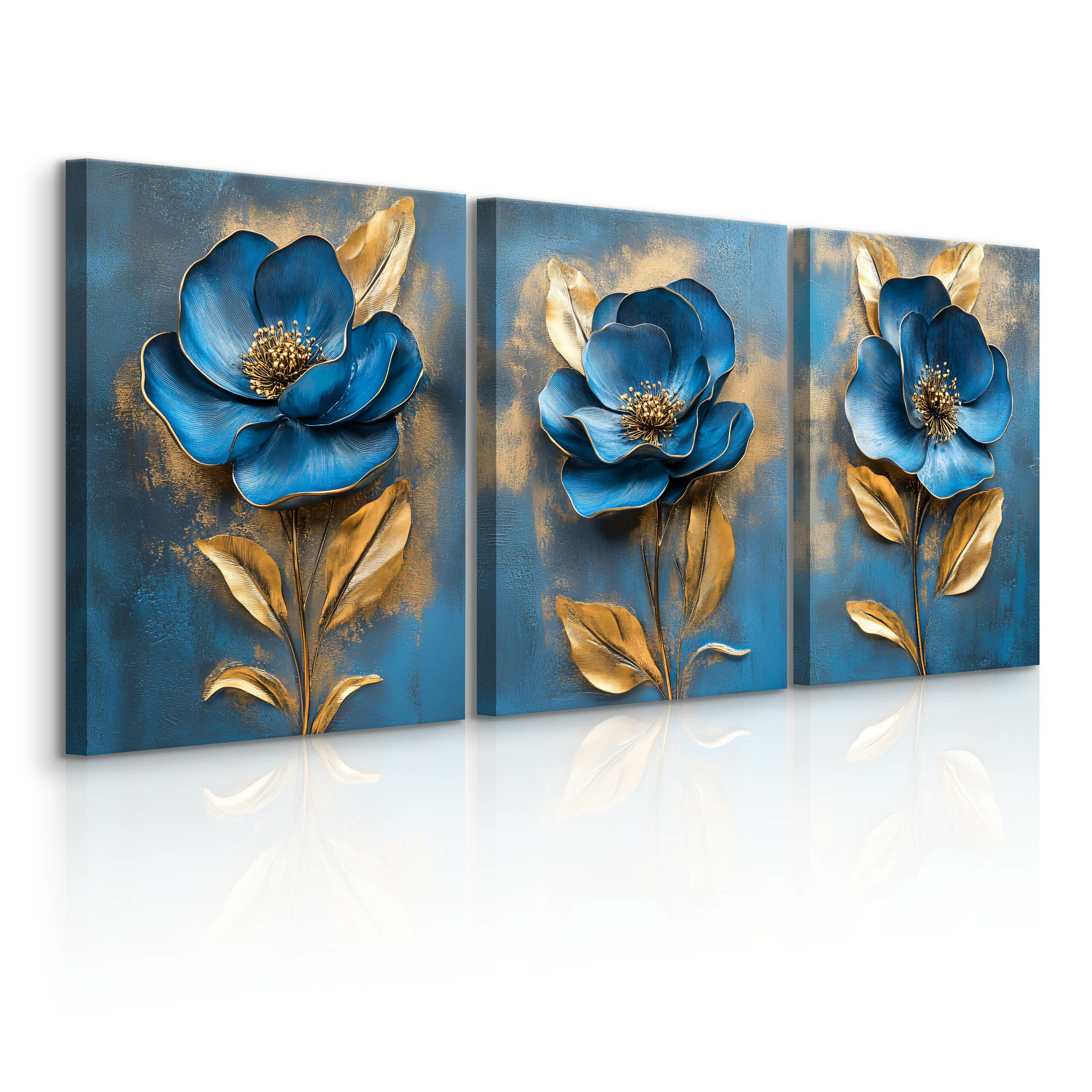 3x Obraz Set Niebieskie Abstrakcyjne Kwiaty 30x40cm