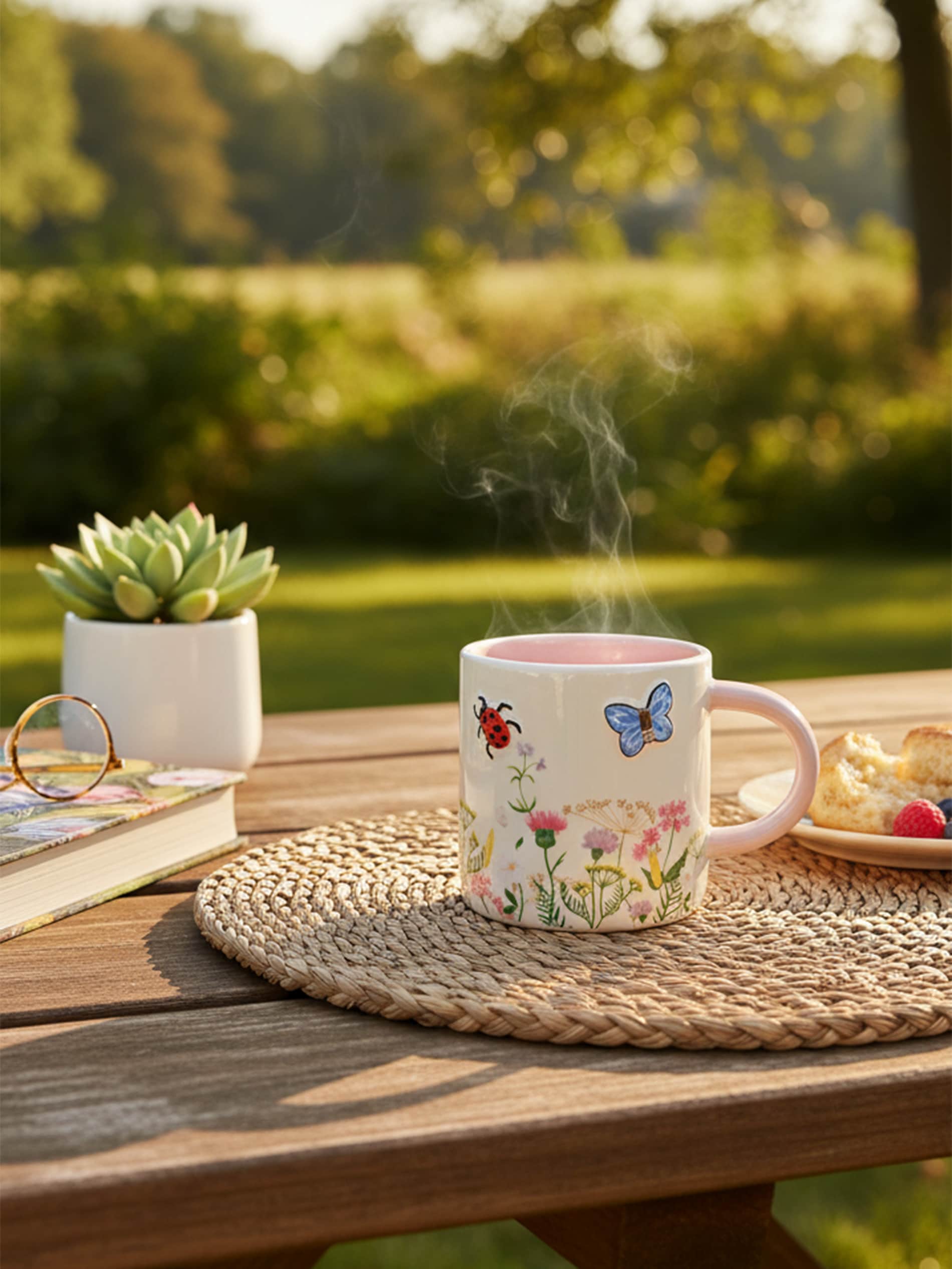 Ceramiczny kubek z motywem roślinnym i tłoczonymi zwierzętami