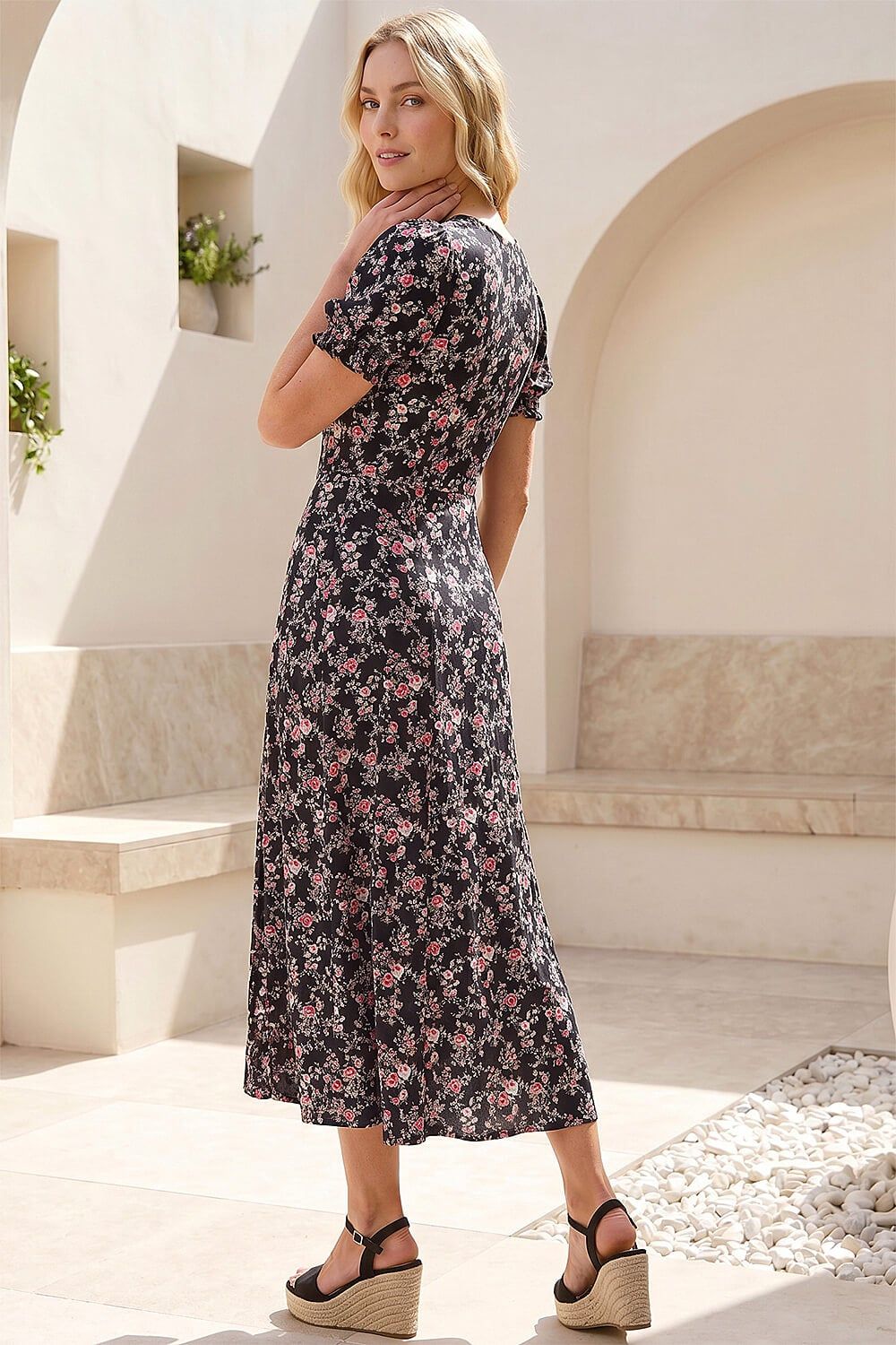 Roman Rose Print Ruched Midi Dress